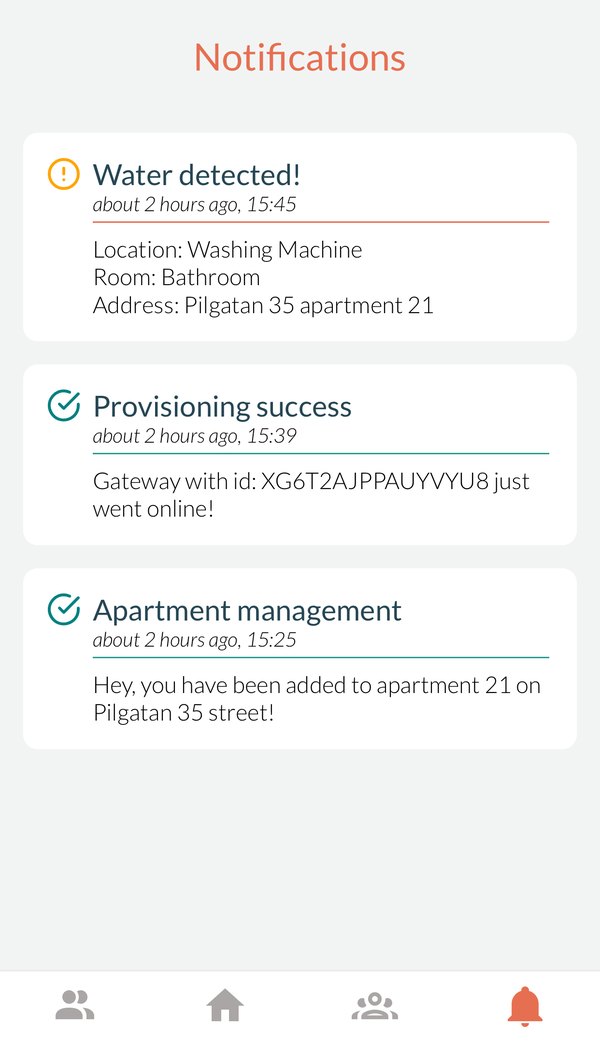 The notifications screen showing a Water detected alert for the washing machine in the bathroom of Pilgatan 35, apartment 21