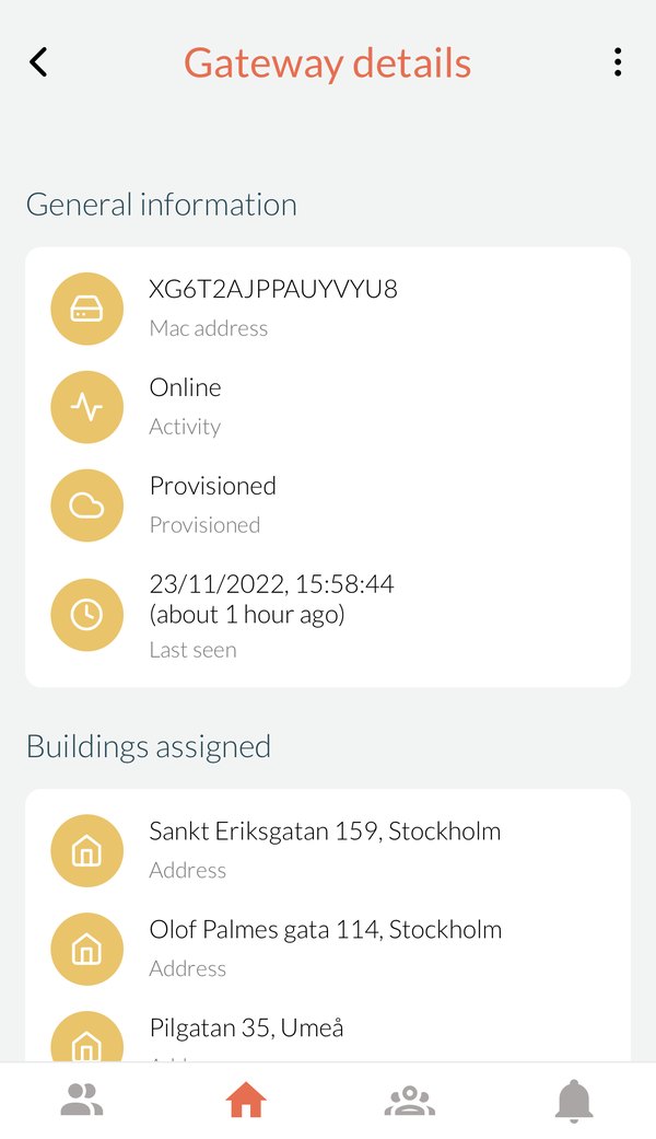 Gatewaydetaljer, der viser en gateway, som er online og klargjort, og de tre ejendomme, der er tilknyttet den