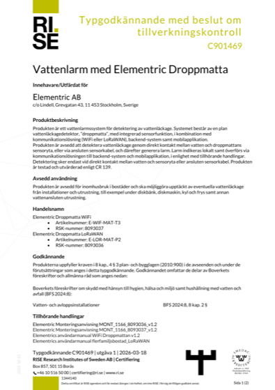 The first page of RISE type approval C901469 for the Elementric Dripspy water alarm
